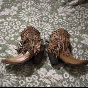 Fringe Leather Heeled Boots - Tan